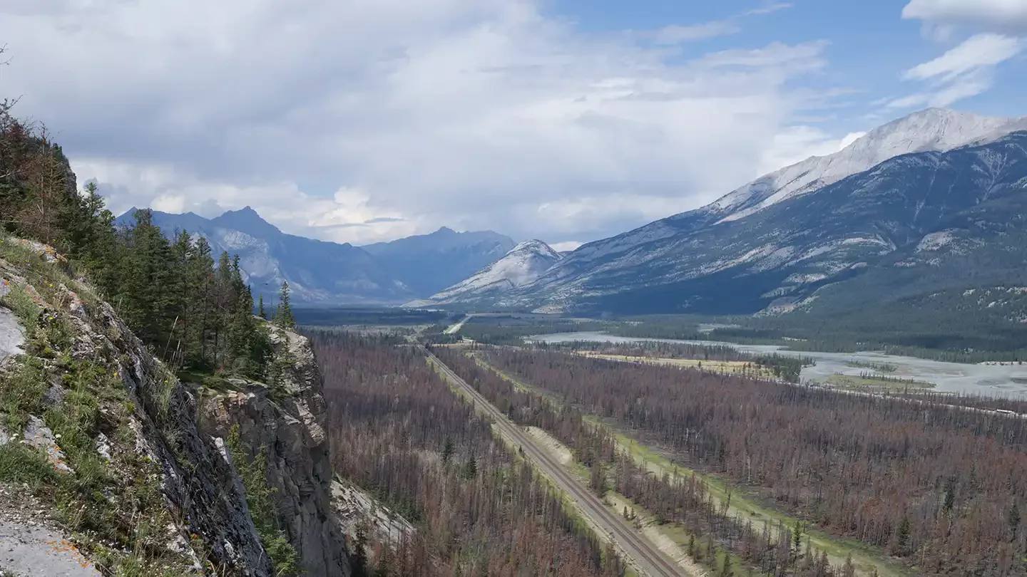 Image from Power House Cliff showing the aftermath of the 2024 Jasper Wildfire Complex in Jasper National Park, Alberta, Canada. Photo credit: Mountain Legacy Project (https://mountainlegacy.ca) under a Creative Commons License.