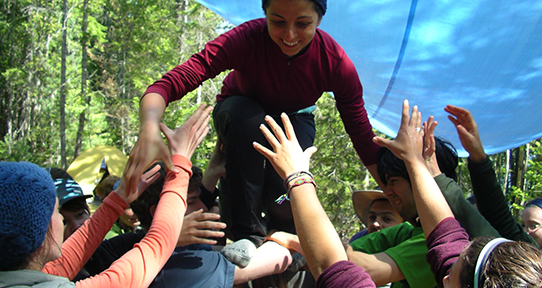 Students participating in a trust fall exercise