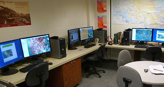 Computers and desks inside the lab