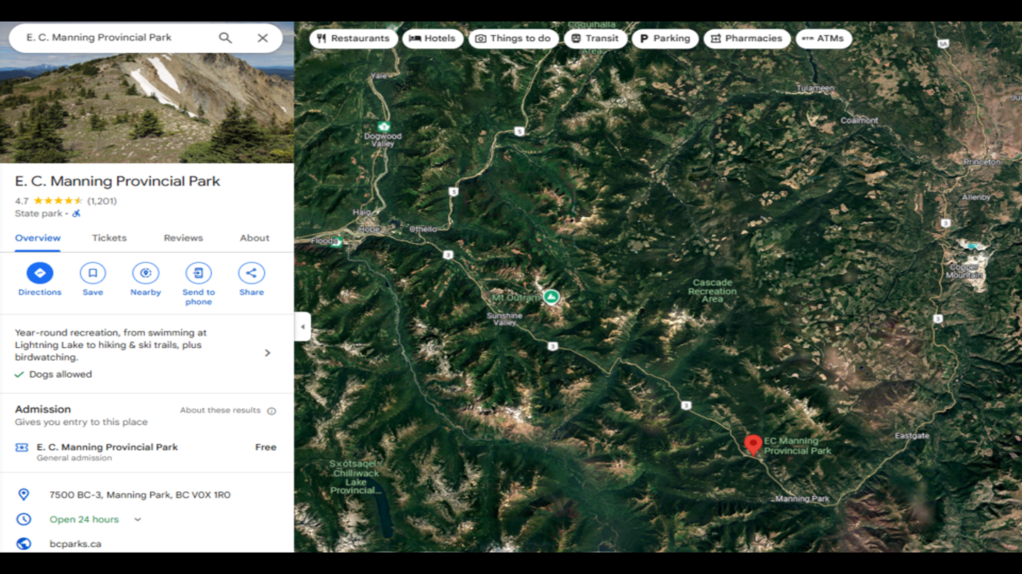 A screenshot from Google Maps showing Manning Park, British Columbia as a "state park"