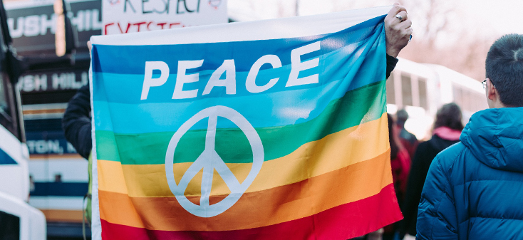 Person holding a rainbow "Peace" sign at a rally
