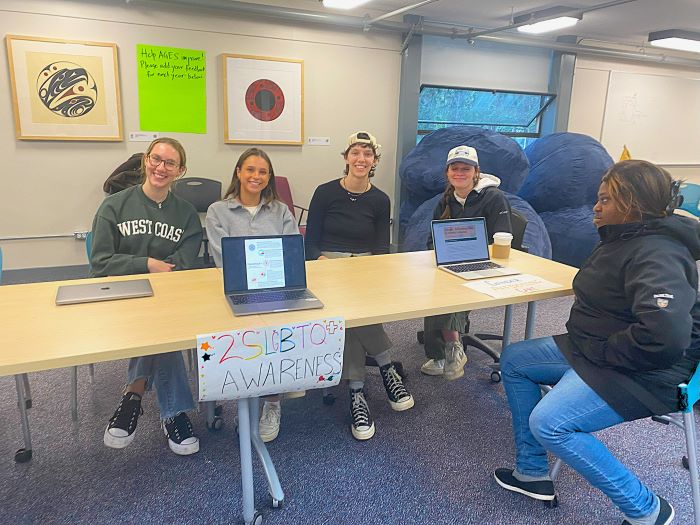 students sitting at a desk smiling at the camera,  showing off their toolkit, ehich is titled :2SLGBTQ+ Awareness"