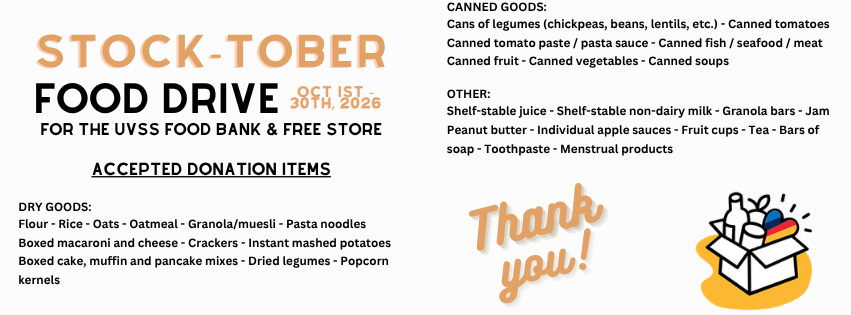 A white food-drive flyer titled “Stock-tober Food Drive” for the UVSS Food Bank & Free Store, running October 1–30, 2026. A small illustration of a box filled with food and drinks appears above the centered text. The flyer lists accepted donations in three categories: dry goods, canned goods, and other items such as shelf-stable drinks, granola bars, soap, toothpaste, and menstrual products. “Thank you!” appears at the bottom.