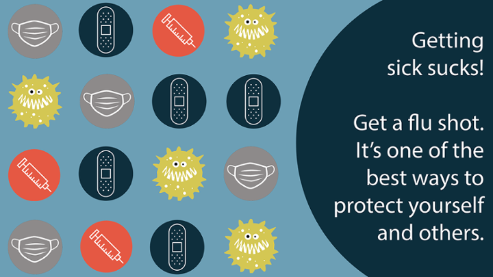 Mask, bandaid, needle and germ icons: Get a flu shot. It's the best way to protect yourself and others from the flu.