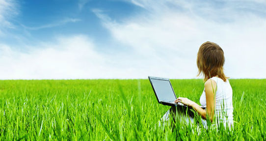Women working on lap top in a field of green grass