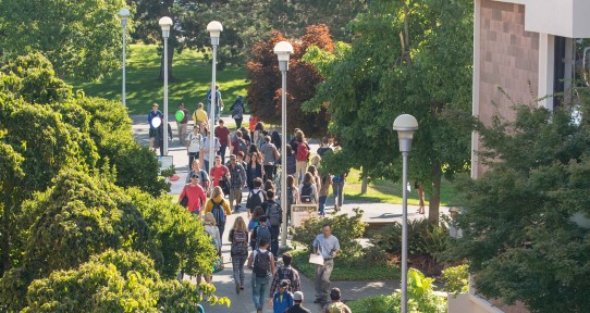 An aerial photo of people walking through the UVic campus.