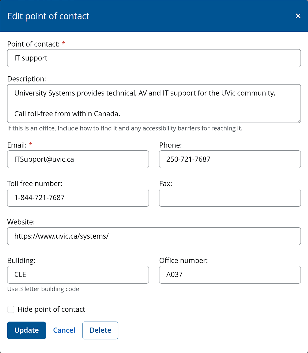 "Edit point of contact" form filled with sample info