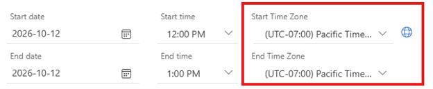 screenshot of Outlook calendar dialog showing corrected timezones