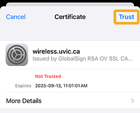 A prompt to trust or cancel UVic's digital certificate
