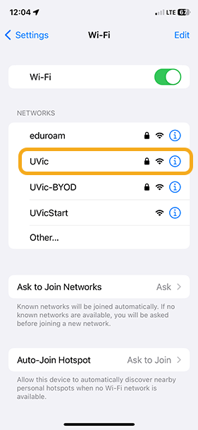 Wi-Fi settings with the UVic network highlighted