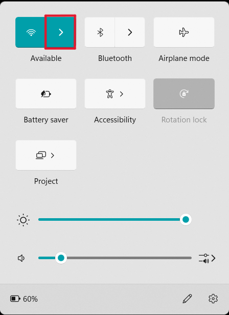 Quick Settings menu with Manage WiFi Connections button highlighted