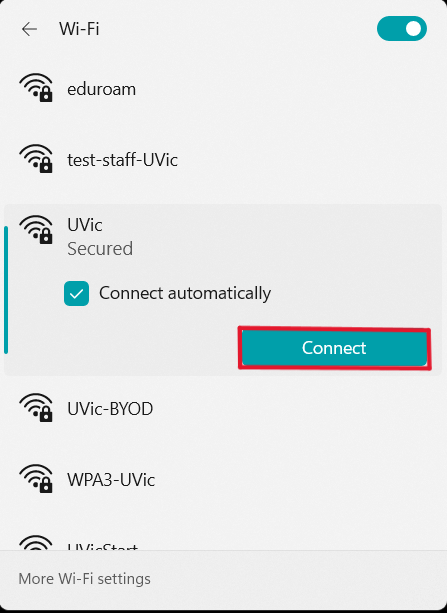 Networks menu with UVic selected and the Connect button highlighted