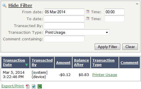 Screen capture of the PaperCut transaction history report filter