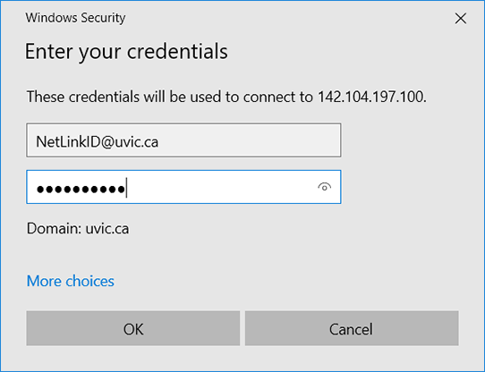 A screen capture of a Windows dialogue box asking for credentials. "NetLinkID@uvic.ca" is entered in the username field.