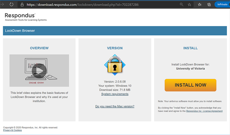 Installation page for UVic's Respondus Lockdown Browser version. Yellow install button on the right hand side of the page.