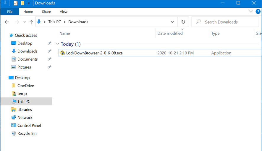 Respondus Lockdown Browser installer in Downloads folder on Windows 10