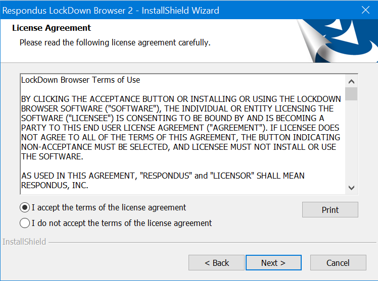 Respondus Lockdown Browser license agreement must be accepted to finish installation