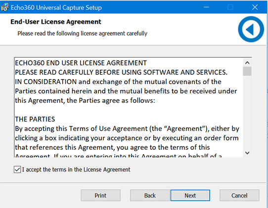 screenshot of echo360 license agreement