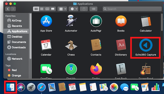 screenshot of Mac applications window with Echo360 Capture highlighted