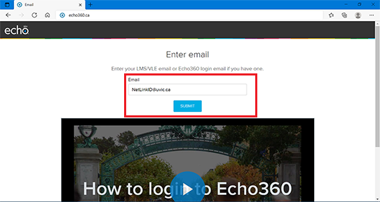 screenshot of echo360.ca with email field highlighted