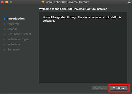 screenshot of installer with Continue button highlighted