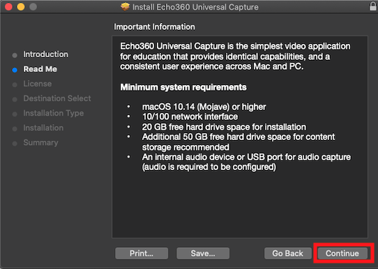 screenshot of Read Me page of installer with Continue highlighted