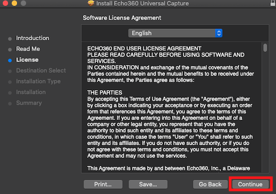screenshot of mac installer agreement with continue highlighted