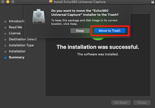 screenshot of mac installer with Move to Trash higlighted