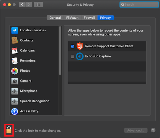 screenshot of mac system preferences Privacy page with lock icon highlighted