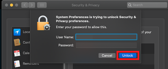 screenshot of systems preferences page with username and password prompt