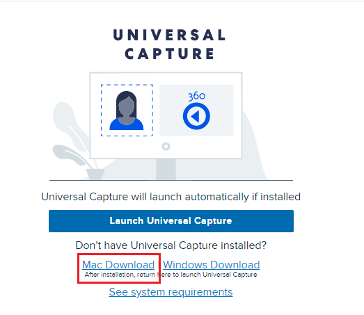 screenshot of universal capture installer page with Mac Download highlighted