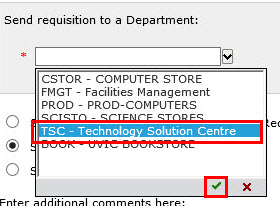 the TSC option is selected under the send requisition to a department menu in WebReq