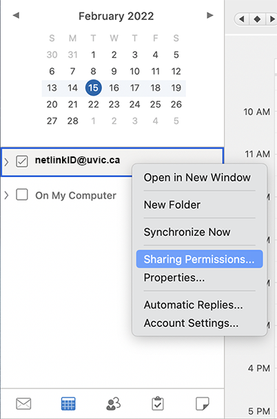 The right click menu for an Exchange calendar. The sharing permissions option is highlighted