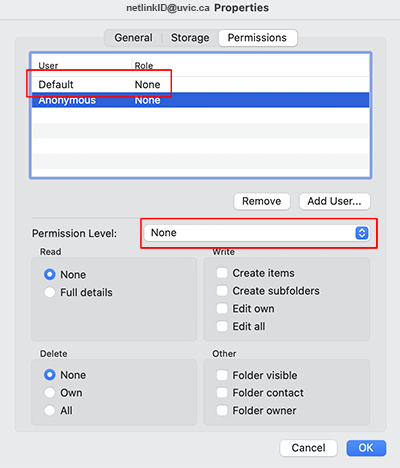 Calendar permissions window for Exchange calendar. Example changes are made to the default user.