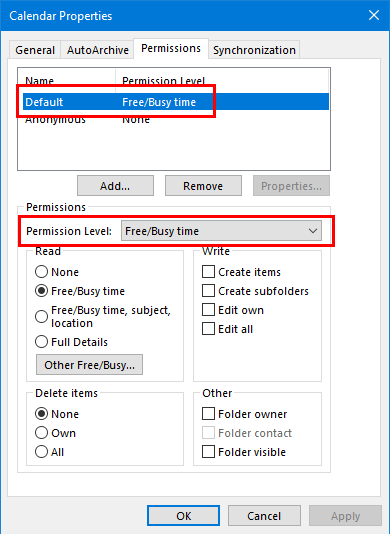 the calendar permissions setting window in Outlook 365. Example changes are made to the Default calendar view.