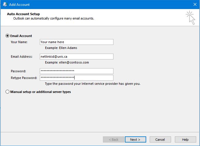 screenshot of the auto account setup window with sample text entered