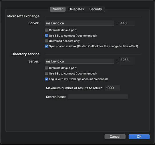 the Advanced settings dialogue box with the sync shared mailbox setting checked on