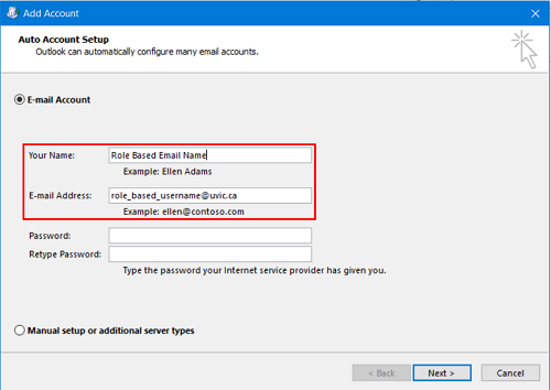 In the Auto Account Setup, fill in your name and role-based email address.