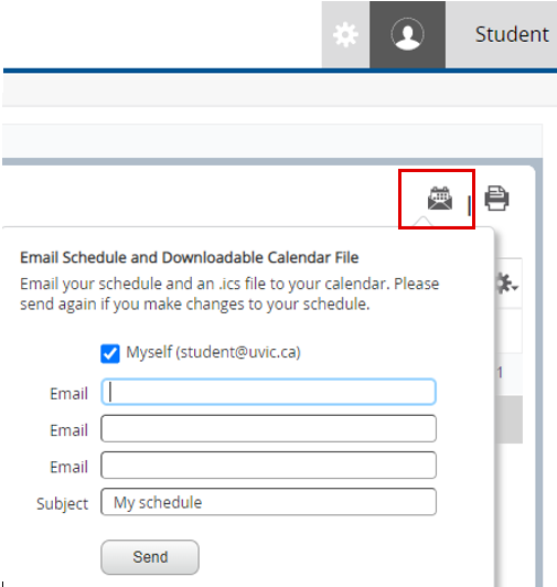 click on the email icon to send your course schedule file to your uvic email