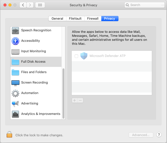 Microsoft Defender Full Disk Access disabled