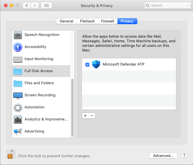 Microsoft Defender Full Disk Access enabled