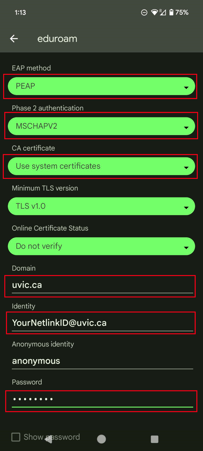 wireless settings configuration page in Android 14. Settings from step 4 are highlighted red.