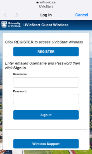 uvic guest wireless login page. Register button at top of page, username and password fields at bottom