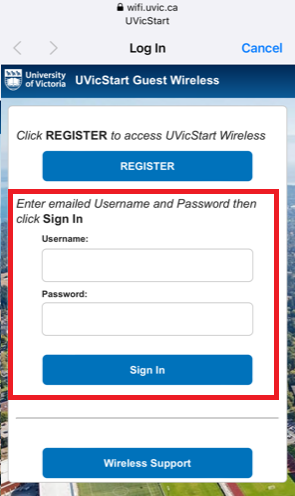 uvicstart login page, username and password from registration email