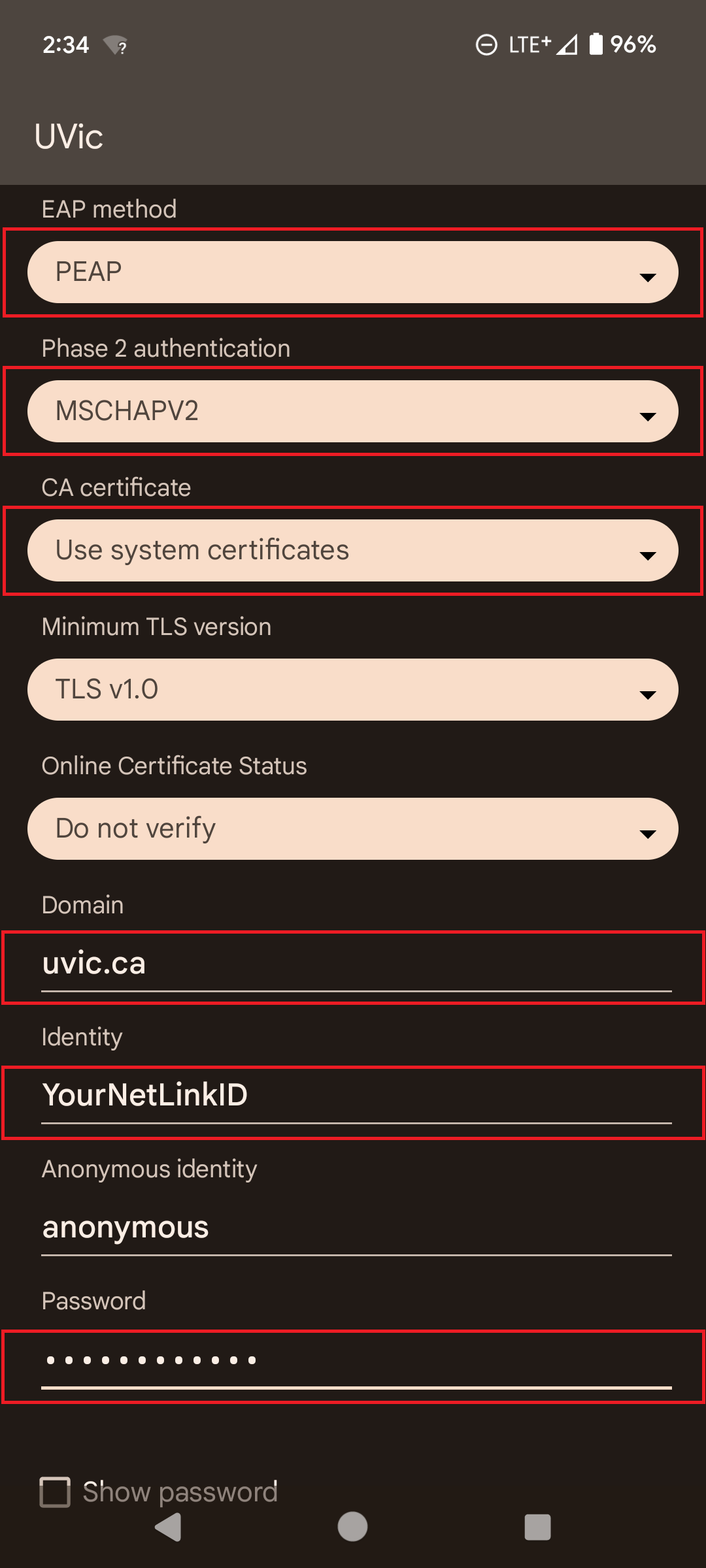 uvic network settings on an android device