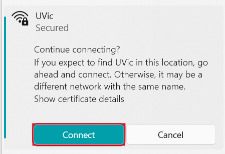 uvic network alert with the Connect button highlighted