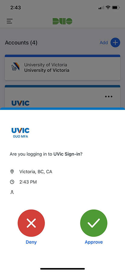 screenshot of the duo mobile app with a UVic login request