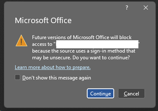 microsoft authentication warning. click continue to open files