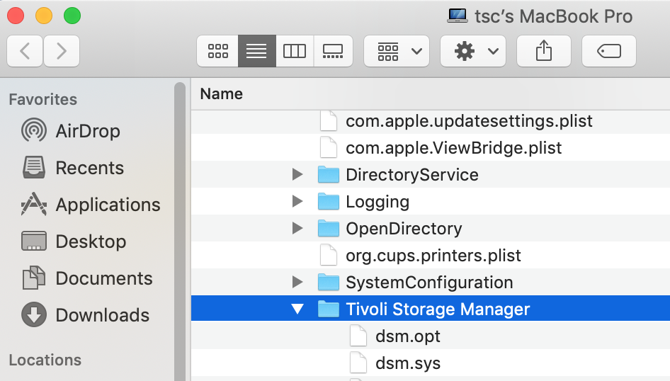 screenshot of a macos finder window navigating to the tivoli storage manager folder inside preferences in the library folder of macintosh hardrive