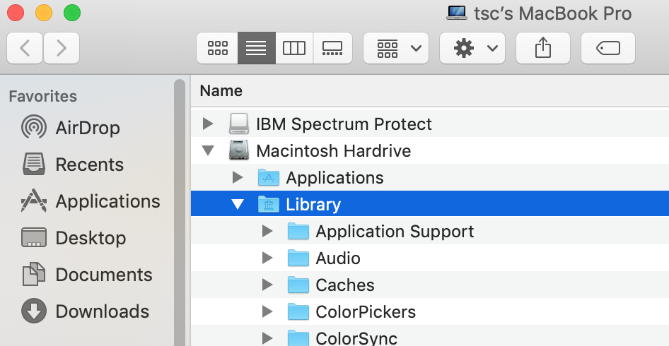 screenshot of a finder window with navigation to the Library folder in Macintosh Hardrive